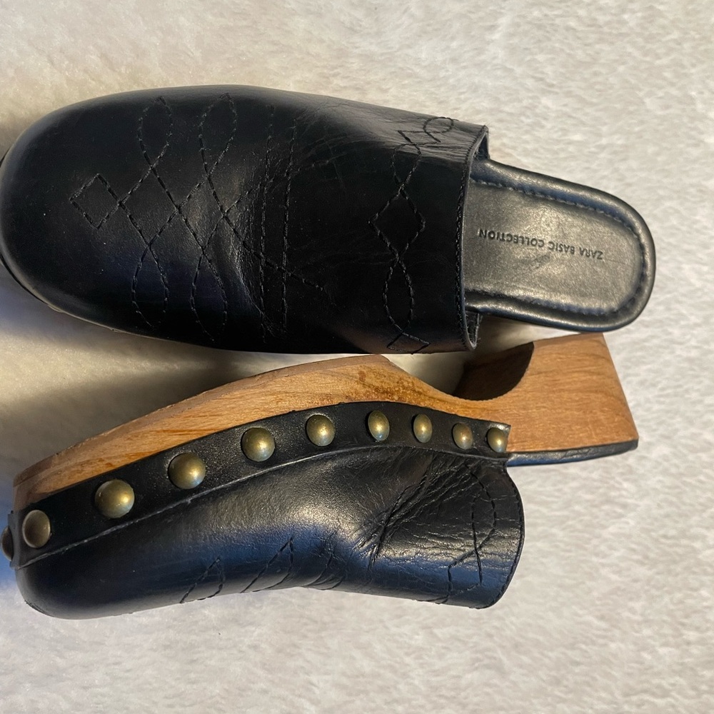 Zara studded black wooden sole clog size 38, women’s 7.5-8